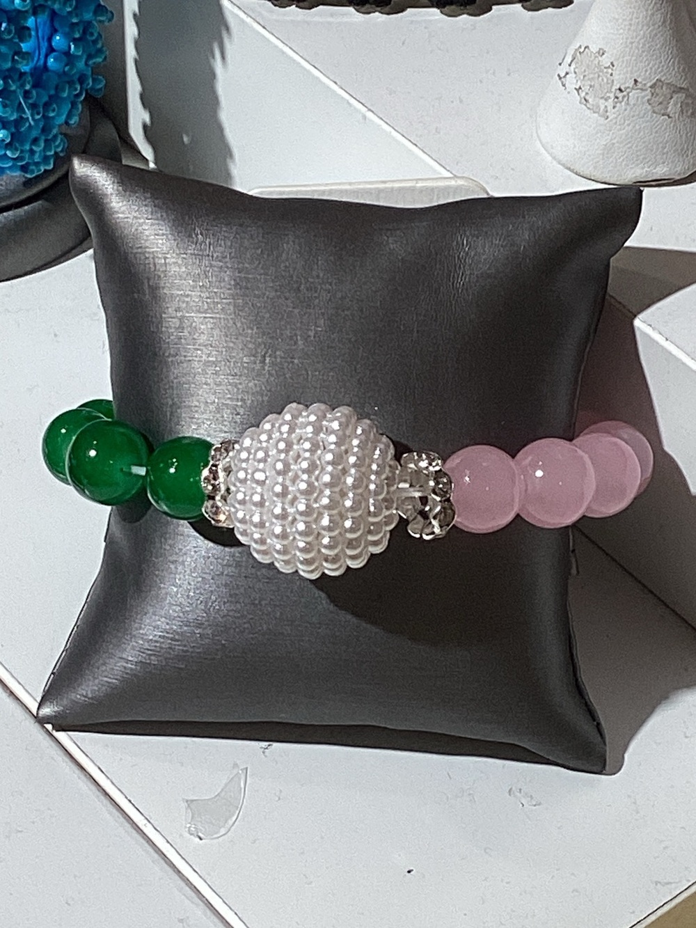 Pearl Cluster‎ Bead Bracelet with Pink and Green Gem Beads